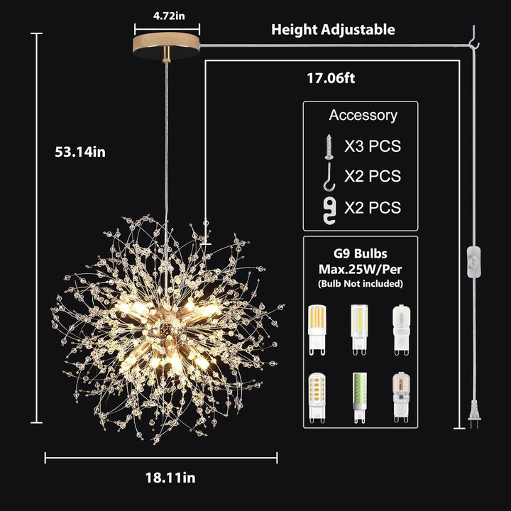 JZQWCK Modern Crystal Chandeliers Firework,Crystal Light Fixture,8 - Light Plug in Crystal Chandelier, Hanging Lights with Plug in Cord 17.06ft for Dining Room Living Room Bedroom - Just Closeouts Canada Inc.