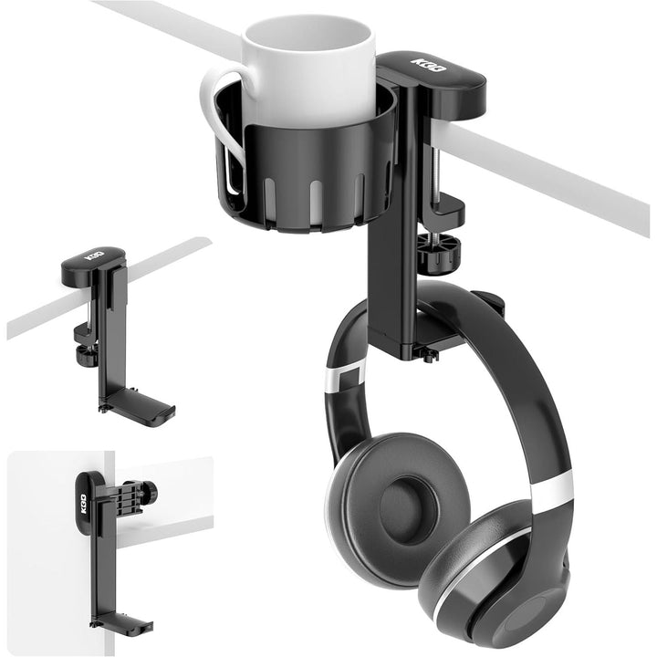 KDD 2 in 1 Headphone Hanger with Desk Cup Holder - Under Desk Clamp Rotatable Headset Holder - Suitable for Coffee Mups, Water Cups, Headphone - Just Closeouts Canada Inc.