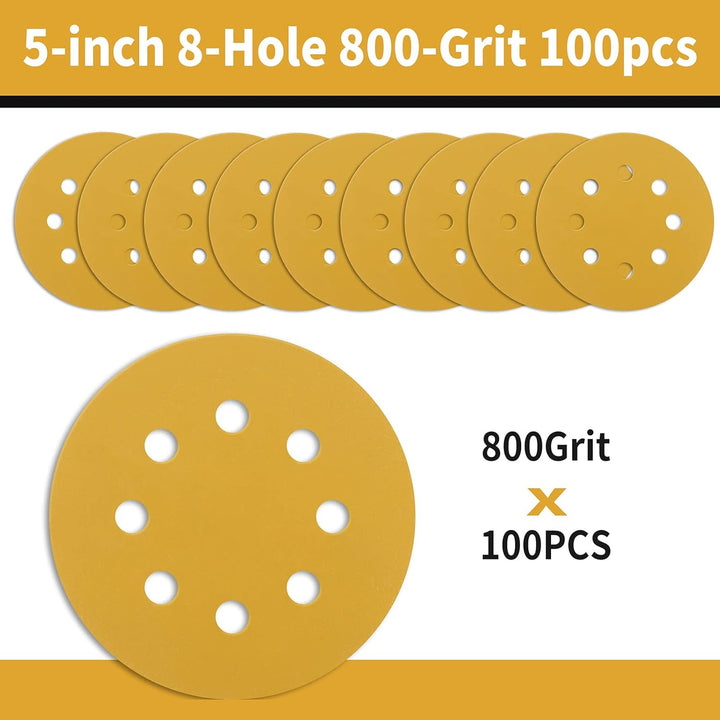 Keeimp 100 Pcs 5 Inch Sanding Discs Hook and Loop, 8 Hole Gold Premium 800 Grit Dustless Random Orbit Sandpaper for Woodworking or Automotive - Just Closeouts Canada Inc.X002V37CPV