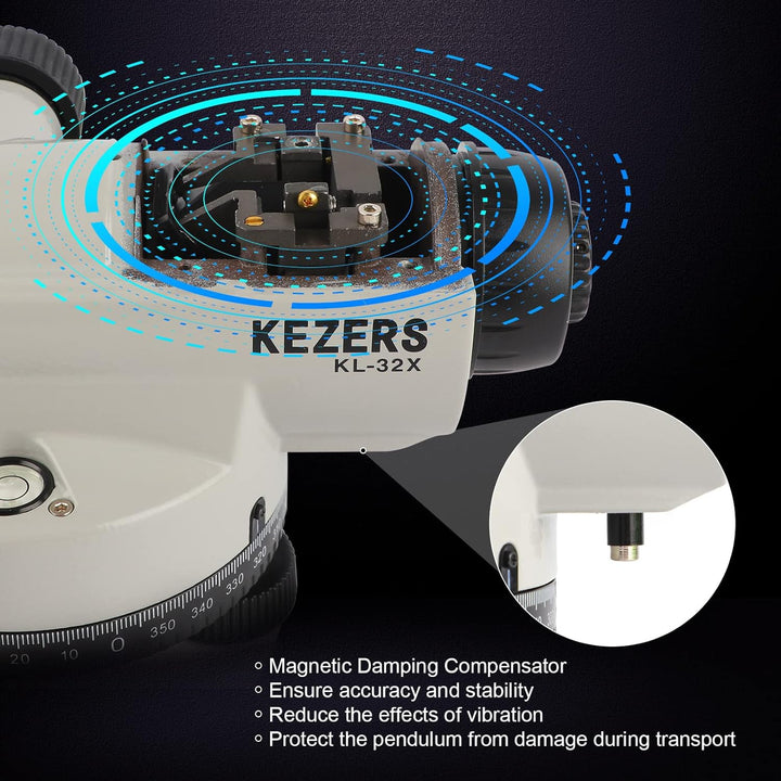 KEZERS 32X Automatic Optical Level Kit with Self - Leveling Magnetic Dampened Compensator and Transport Lock,High Precision Height/Distance/Angle Level Measure - KL - 32X - Just Closeouts Canada Inc.
