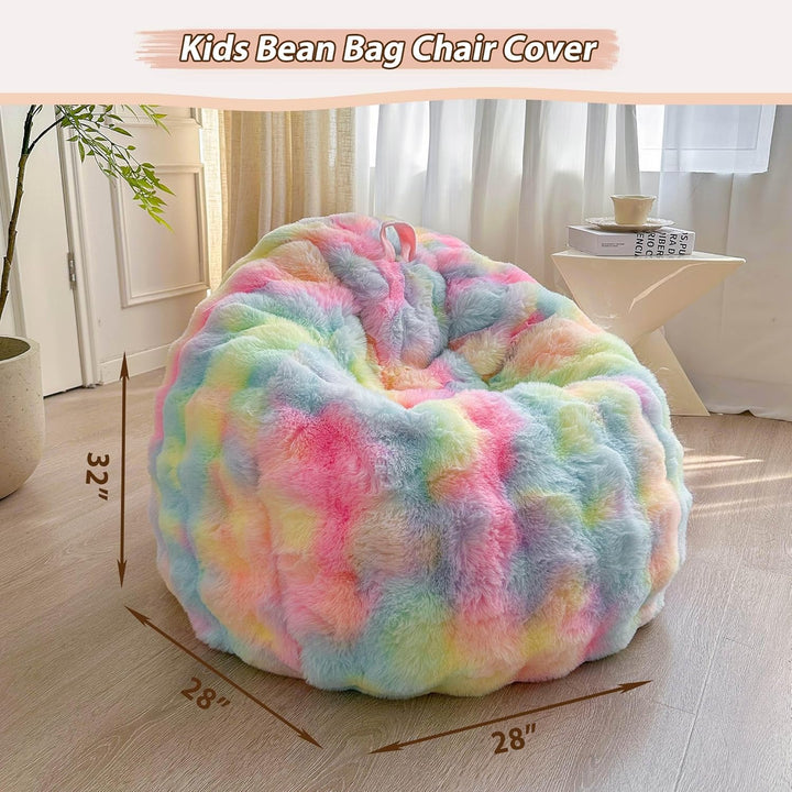 Kids Fluffy Faux Rabbit Fur Bean Bag Cover (No Filler), Soft Fuzzy Stuffed Animal Storage Bubble Waffle Bean Bag for Plush Toys, Comfy Shaggy Furry Beanbag Cover Kids Girls Adults, Rainbow - Just Closeouts Canada Inc.