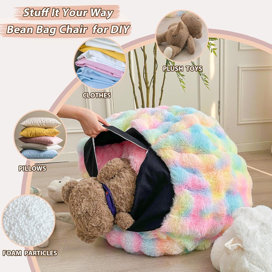 Kids Fluffy Faux Rabbit Fur Bean Bag Cover (No Filler), Soft Fuzzy Stuffed Animal Storage Bubble Waffle Bean Bag for Plush Toys, Comfy Shaggy Furry Beanbag Cover Kids Girls Adults, Rainbow - Just Closeouts Canada Inc.