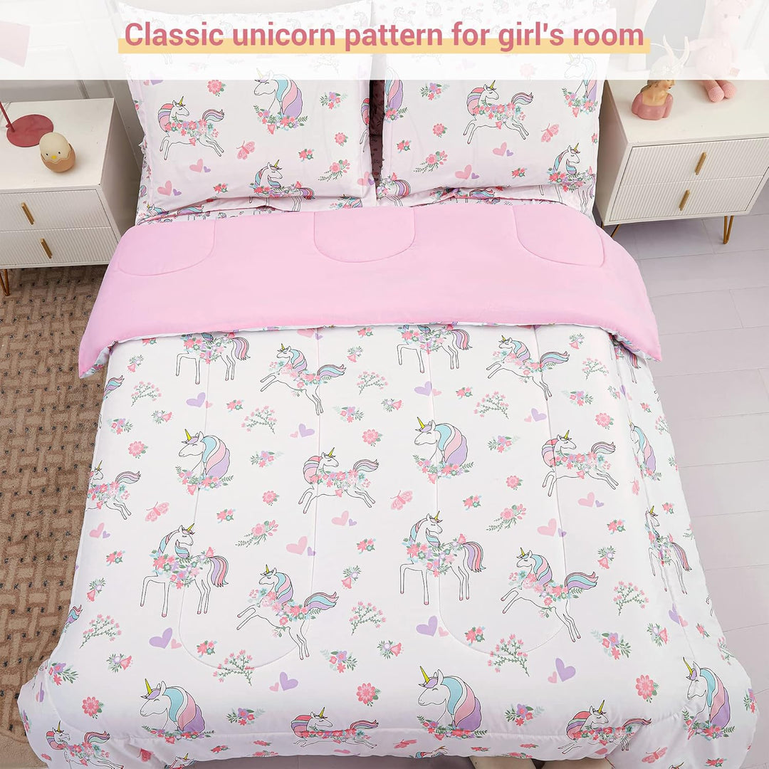 Kids Full Double Bedding Sets for Girls, Soft Full Double Comforter Set with Sheets, 7 Pieces Microfiber Bed in a Bag, White Unicorn - Just Closeouts Canada Inc.X003HW0JJL