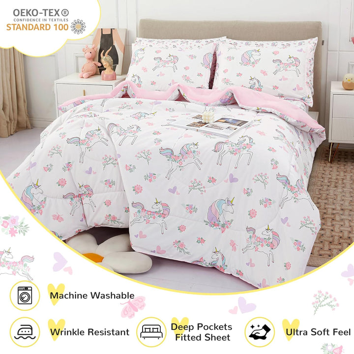 Kids Full Double Bedding Sets for Girls, Soft Full Double Comforter Set with Sheets, 7 Pieces Microfiber Bed in a Bag, White Unicorn - Just Closeouts Canada Inc.X003HW0JJL