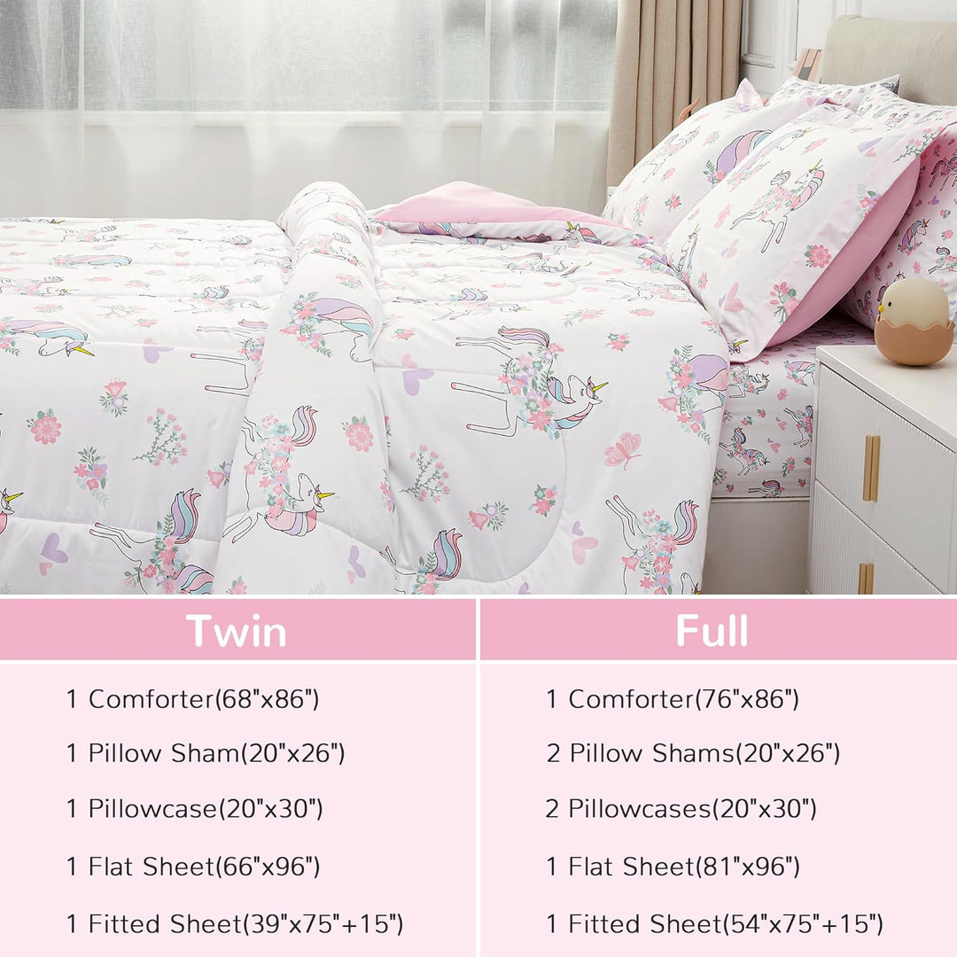 Kids Full Double Bedding Sets for Girls, Soft Full Double Comforter Set with Sheets, 7 Pieces Microfiber Bed in a Bag, White Unicorn - Just Closeouts Canada Inc.X003HW0JJL