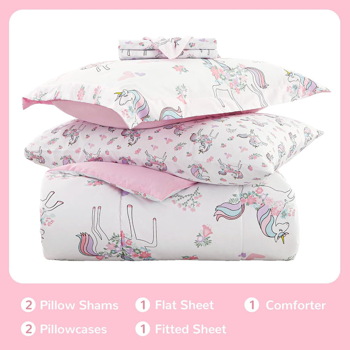 Kids Full Double Bedding Sets for Girls, Soft Full Double Comforter Set with Sheets, 7 Pieces Microfiber Bed in a Bag, White Unicorn - Just Closeouts Canada Inc.X003HW0JJL