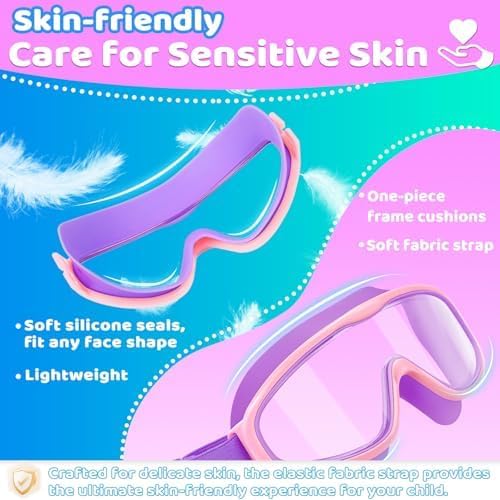 Kids Goggles with Comfort Fabric Strap, Kids Swim Goggles Wide View Anti - Fog/UV No Leaking Swimming Goggles for 3 - 14, Purple & Pink 2pk - Just Closeouts Canada Inc.