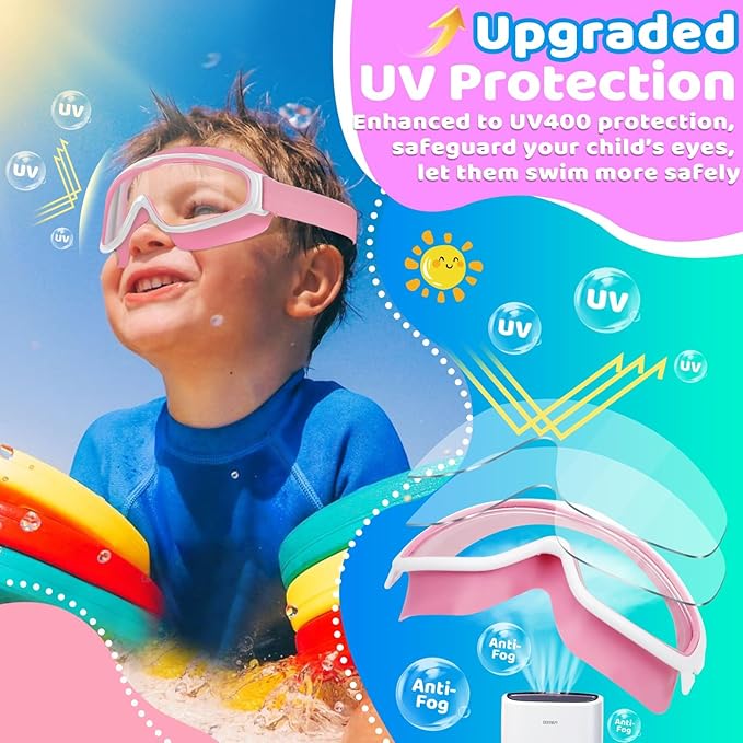 Kids Goggles with Comfort Fabric Strap, Kids Swim Goggles Wide View Anti - Fog/UV No Leaking Swimming Goggles for 3 - 14, Purple & Pink 2pk - Just Closeouts Canada Inc.