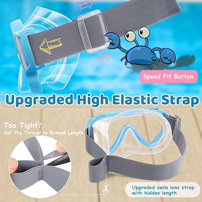 Kids - Goggles with Nose Cover, Diving Mask Elastic Fabric Strap Anti Fog Anti Shattered Lens for Kids Swim Goggles 3 - 14, Blue - Just Closeouts Canada Inc.