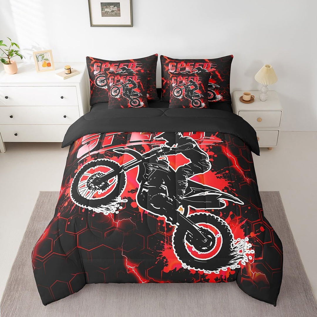 Kids Red Dirt Bike 7 Pieces Bedding Set Queen Size, Extreme Sports Comforter Set with Sheets Racing Motocross Bed in A Bag Boys Girls Motorcycle Teens Bed Set Bedroom Decor 7Pcs - Just Closeouts Canada Inc.X004YN9YL1