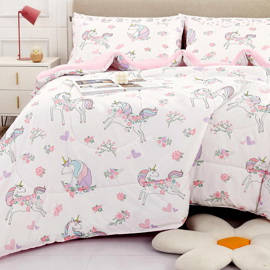 Kids Twin Single Bedding Sets for Girls, Soft Twin Single Comforter Set with Sheets, 5 Pieces Microfiber Bed in a Bag, White Unicorn - Just Closeouts Canada Inc.X003HW0J87