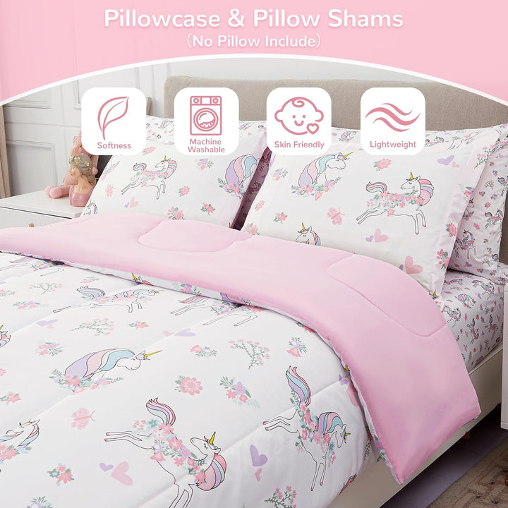 Kids Twin Single Bedding Sets for Girls, Soft Twin Single Comforter Set with Sheets, 5 Pieces Microfiber Bed in a Bag, White Unicorn - Just Closeouts Canada Inc.X003HW0J87