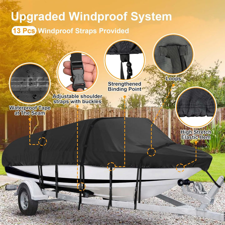 Kipiea Trailerable Boat Cover - 14' - 16', Heavy Duty, Double PU Waterproof, Reinforced Windproof Straps, Fits V - Hull, Fish & Ski, Pro - Style, Fishing, Bass Boats - Black, 14' - 16' Long X 90" Wide - Just Closeouts Canada Inc.