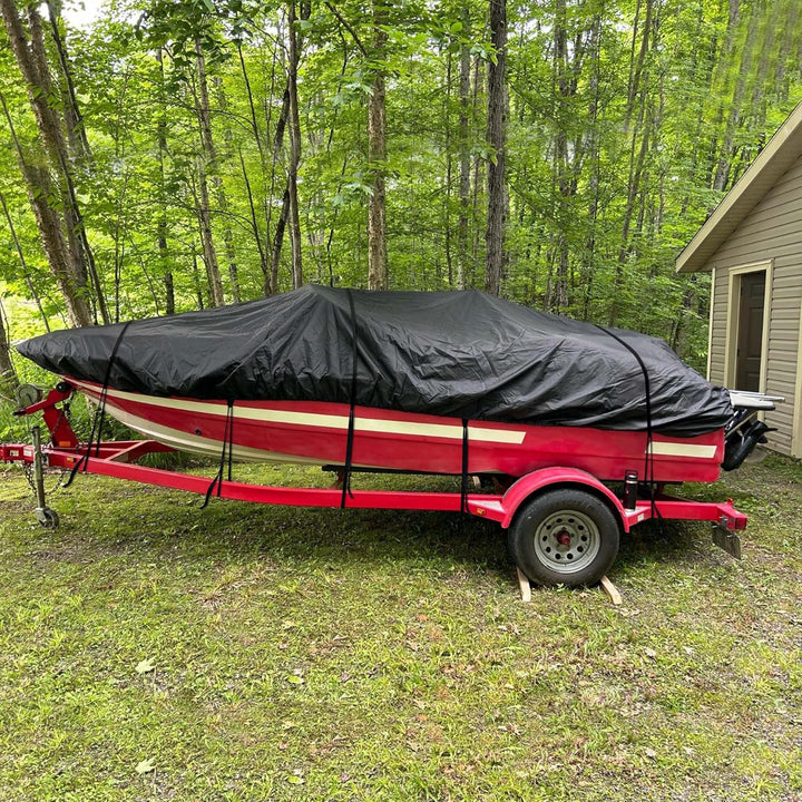 Kipiea Trailerable Boat Cover - 14' - 16', Heavy Duty, Double PU Waterproof, Reinforced Windproof Straps, Fits V - Hull, Fish & Ski, Pro - Style, Fishing, Bass Boats - Black, 14' - 16' Long X 90" Wide - Just Closeouts Canada Inc.