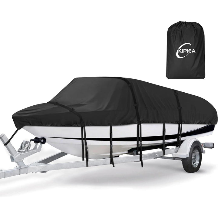 Kipiea Trailerable Boat Cover - 14' - 16', Heavy Duty, Double PU Waterproof, Reinforced Windproof Straps, Fits V - Hull, Fish & Ski, Pro - Style, Fishing, Bass Boats - Black, 14' - 16' Long X 90" Wide - Just Closeouts Canada Inc.