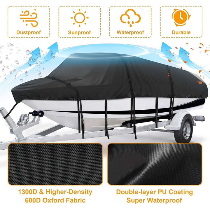 Kipiea Trailerable Boat Cover - 14' - 16', Heavy Duty, Double PU Waterproof, Reinforced Windproof Straps, Fits V - Hull, Fish & Ski, Pro - Style, Fishing, Bass Boats - Black, 14' - 16' Long X 90" Wide - Just Closeouts Canada Inc.