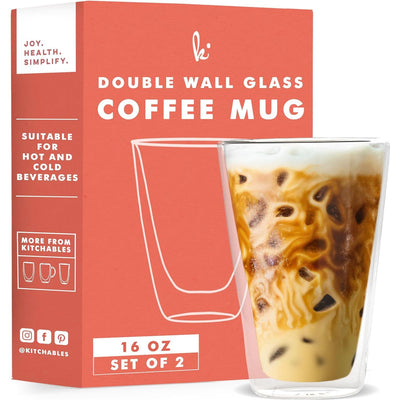Kitchables Double Walled Glass Coffee Mugs Set of 2, 16oz - Just Closeouts Canada Inc.