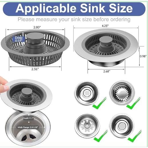 Kitchen Sink Drain Strainer 2 Pack, 3 in 1 Pop - up Stainless Steel Sink Stopper, Large Capacity Anti Clogging Basket Sink Filter with Handle Rod for American Standard 3 - 1/2 inch Drain Pipes Strainer - Just Closeouts Canada Inc.