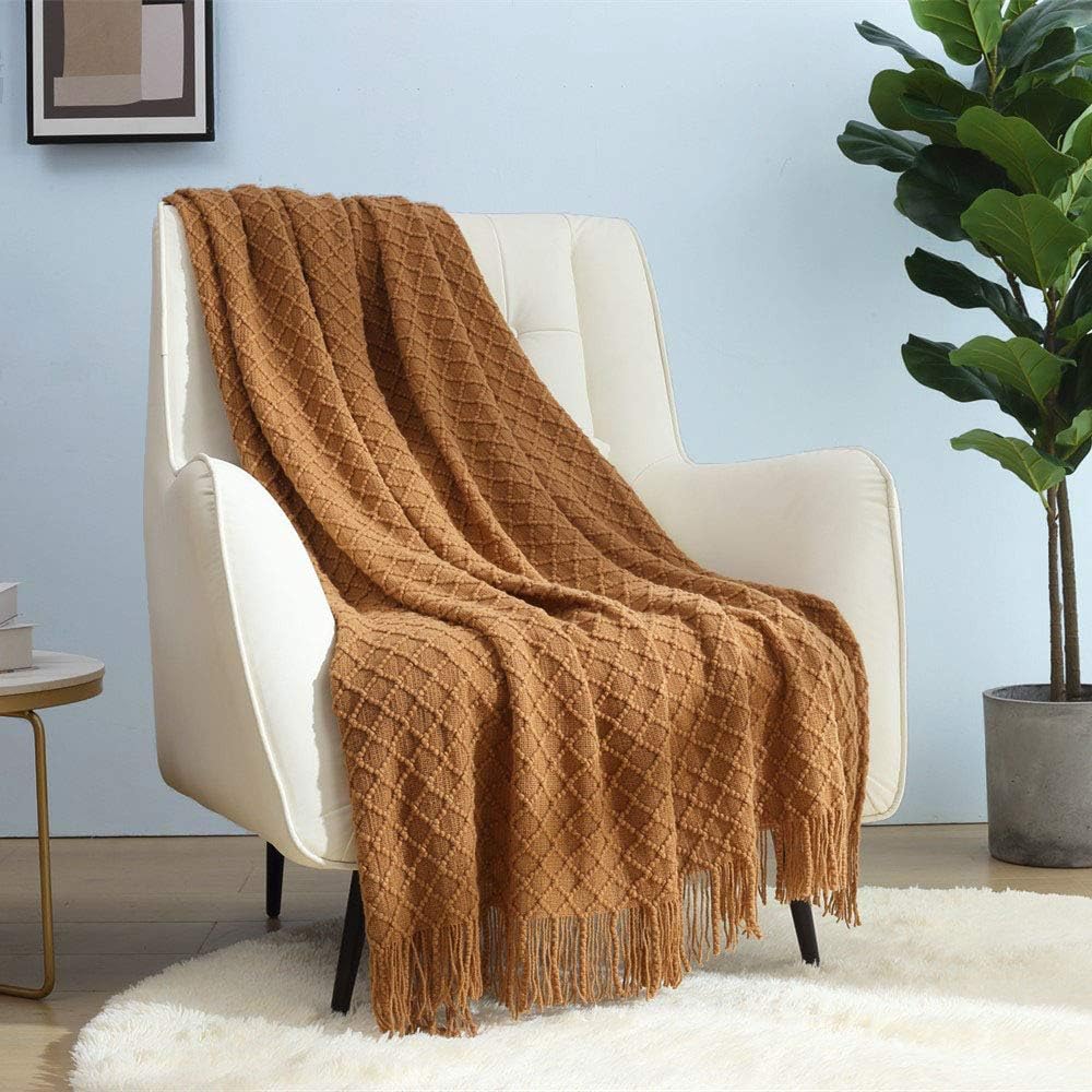 Knitted Decorative Throw Blanket for Couch Sofa Chair Bed，Soft Warm Cozy Light Weight for Spring Summer (127cmX152cm Brown) - Just Closeouts Canada Inc.