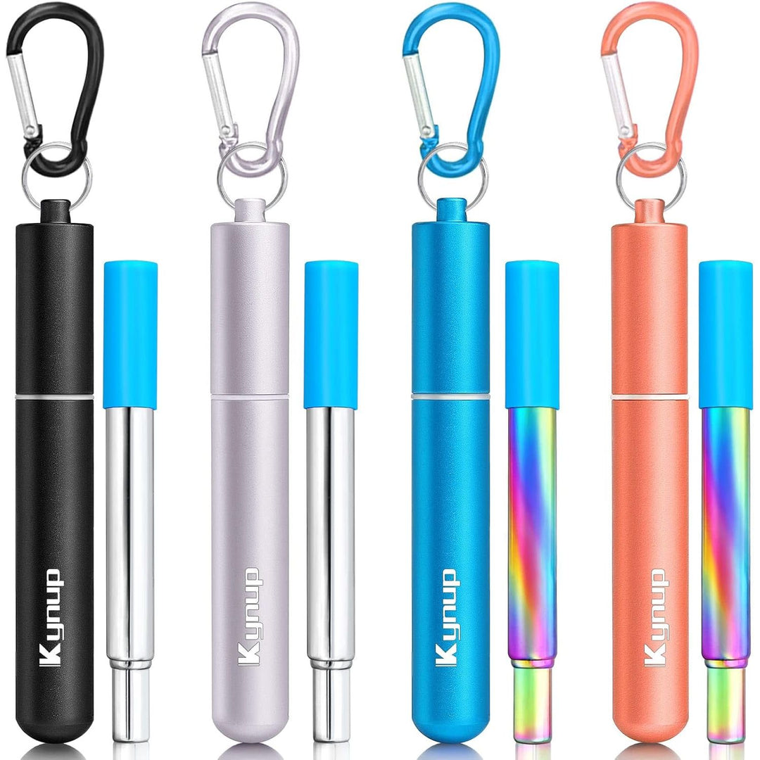 Kynup 4Packs Reusable Straws, Metal Straw with Silicon, Travel Drinking Straws with Metal Case, Keychain, Cleaning Brushes, Silicon Pcs Perfect for Travel, Gifts (20 PCS) Blue - Black - Rose Gold - Silver - Just Closeouts Canada Inc.