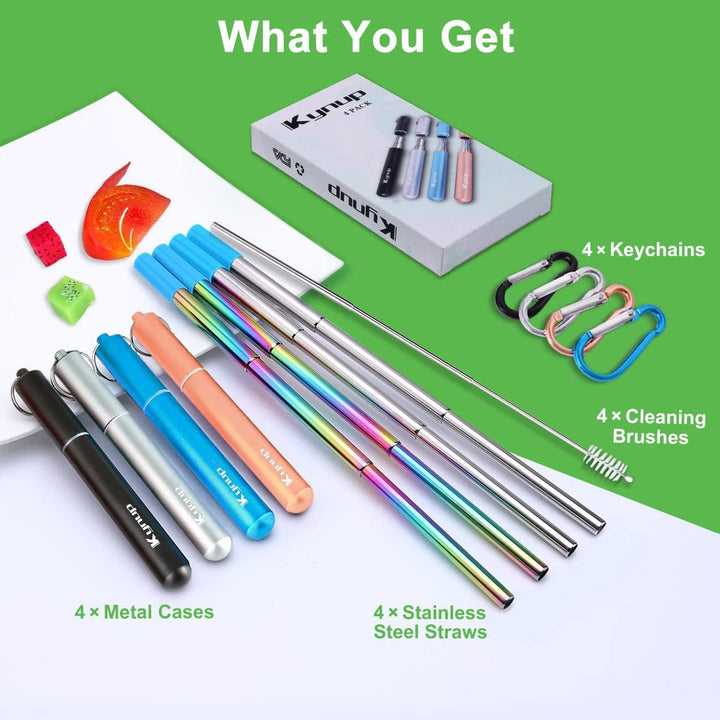 Kynup 4Packs Reusable Straws, Metal Straw with Silicon, Travel Drinking Straws with Metal Case, Keychain, Cleaning Brushes, Silicon Pcs Perfect for Travel, Gifts (20 PCS) Blue - Black - Rose Gold - Silver - Just Closeouts Canada Inc.