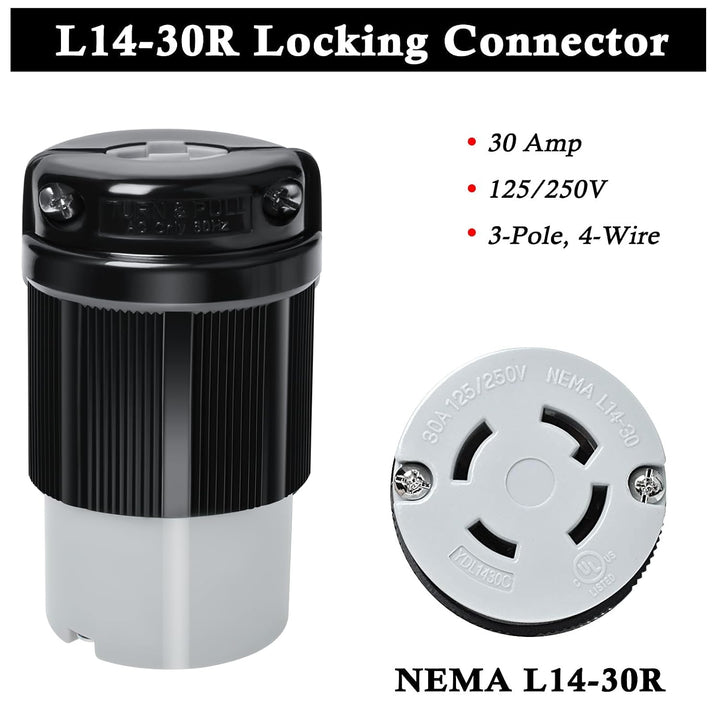 L14-30 L14-30R Locking Connector and L14-30P Female Plug Set, 30 Amp, 125/250V, 3 Pole 4 Wire, 7500W Generator Twist Locking Plug Connector - Just Closeouts Canada Inc.