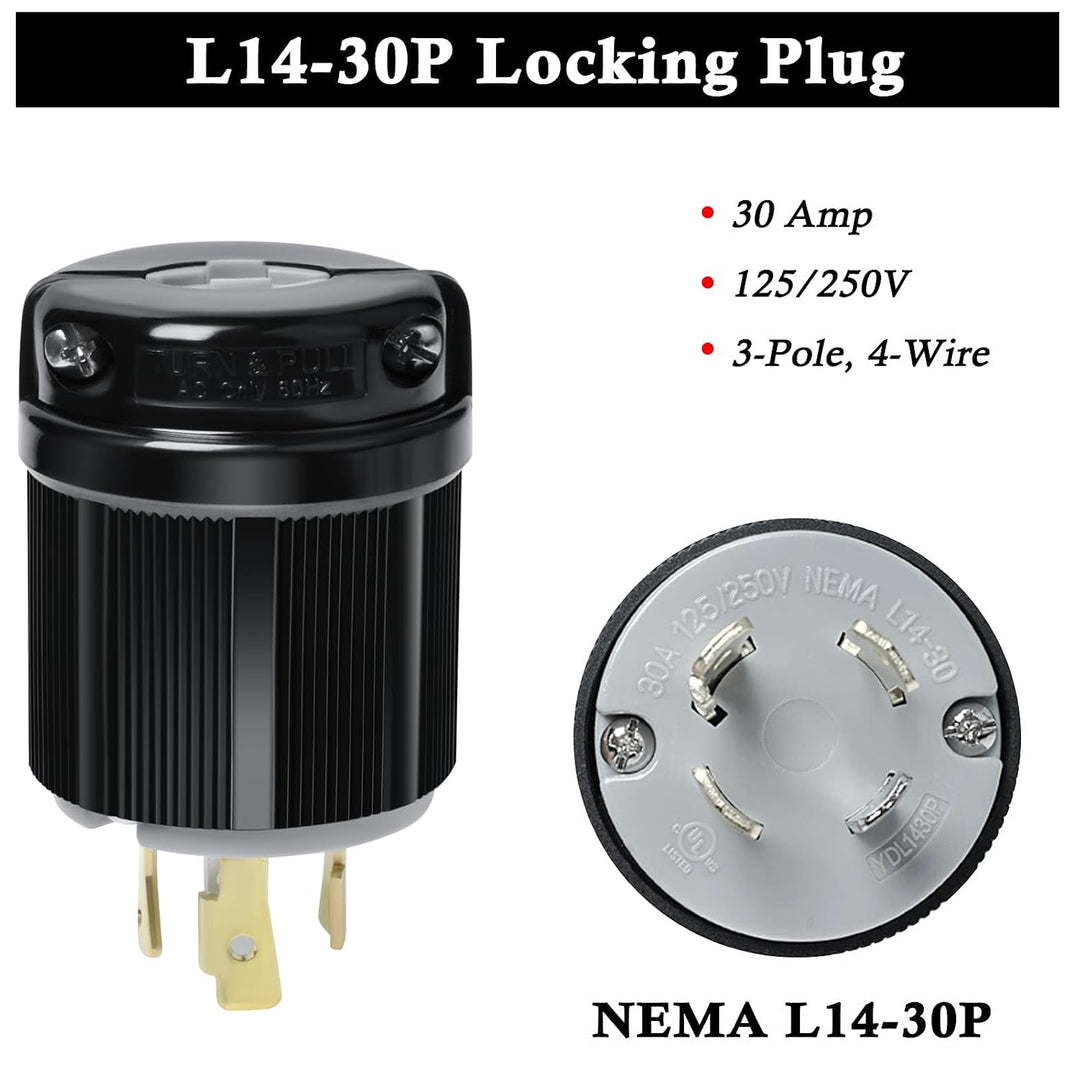 L14-30 L14-30R Locking Connector and L14-30P Female Plug Set, 30 Amp, 125/250V, 3 Pole 4 Wire, 7500W Generator Twist Locking Plug Connector - Just Closeouts Canada Inc.