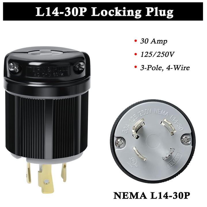L14-30 L14-30R Locking Connector and L14-30P Female Plug Set, 30 Amp, 125/250V, 3 Pole 4 Wire, 7500W Generator Twist Locking Plug Connector - Just Closeouts Canada Inc.