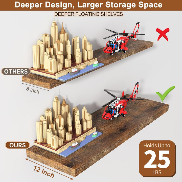 Landmok 12 Inch Deep Floating Shelves for Wall 2 Pack Floating Shelves Large Storage Space Wall Mount Shelf for Living Room Kitchen Bathroom 36" W x 12" D x 1.2" H Rustic Brown - Just Closeouts Canada Inc.