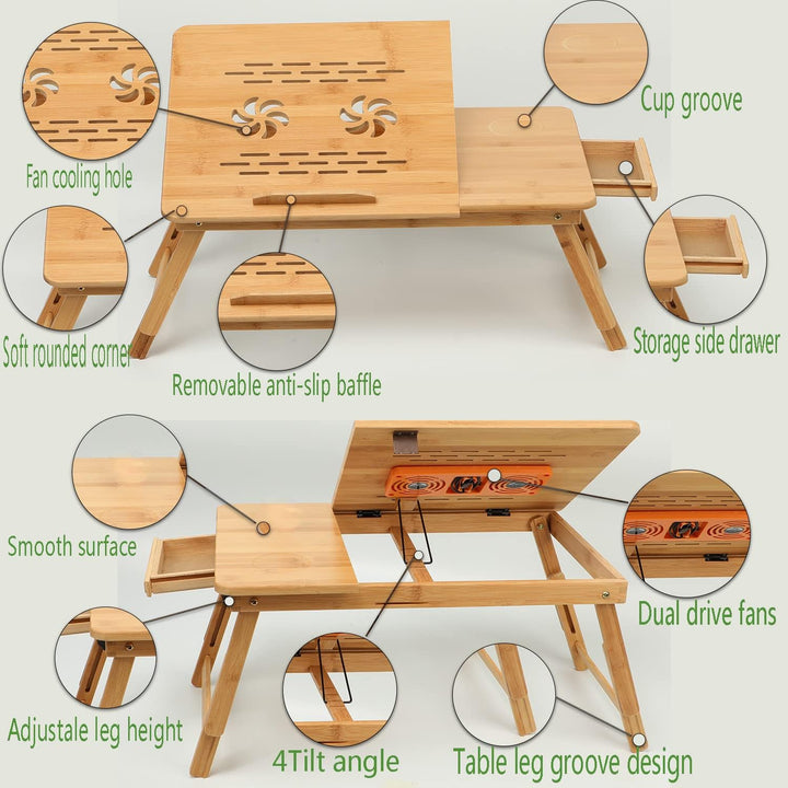 Laptop Desk Bamboo Foldable Adjustable Laptop Table with USB Cooling Fan,Multi - Functional Portable Laptop Bed Tray Table Notebook Stand Reading Holder with Storage Drawer for Reading, Writing, Eating - Just Closeouts Canada Inc.