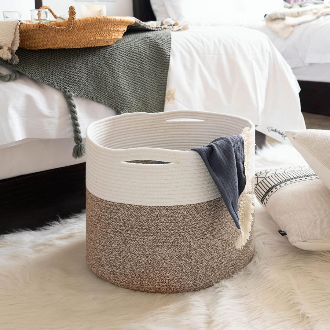 Large Cotton Rope Storage Basket - Woven Blanket Basket in Living Room Pillows Storage Bins with Handles for Toys Plant Basket Home Decor Warm Mix Brown White, 15.8"x15.8"x13.8" - Just Closeouts Canada Inc.