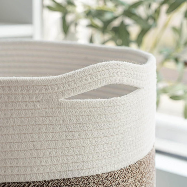 Large Cotton Rope Storage Basket - Woven Blanket Basket in Living Room Pillows Storage Bins with Handles for Toys Plant Basket Home Decor Warm Mix Brown White, 15.8"x15.8"x13.8" - Just Closeouts Canada Inc.