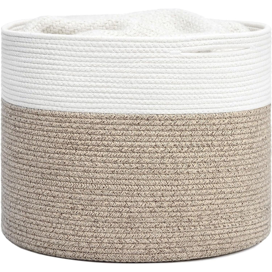 Large Cotton Rope Storage Basket - Woven Blanket Basket in Living Room Pillows Storage Bins with Handles for Toys Plant Basket Home Decor Warm Mix Brown White, 15.8"x15.8"x13.8" - Just Closeouts Canada Inc.