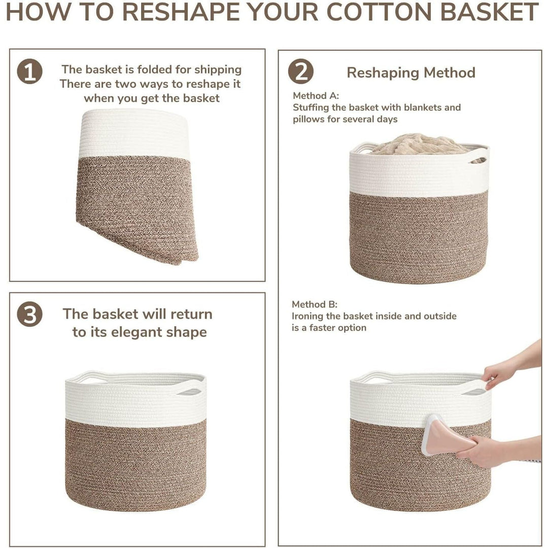 Large Cotton Rope Storage Basket - Woven Blanket Basket in Living Room Pillows Storage Bins with Handles for Toys Plant Basket Home Decor Warm Mix Brown White, 15.8"x15.8"x13.8" - Just Closeouts Canada Inc.