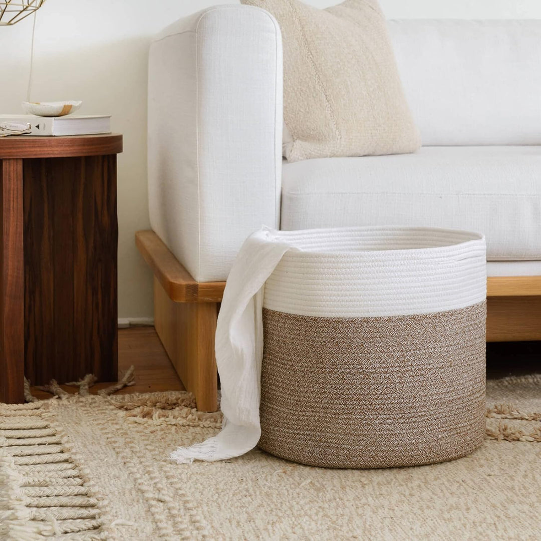 Large Cotton Rope Storage Basket - Woven Blanket Basket in Living Room Pillows Storage Bins with Handles for Toys Plant Basket Home Decor Warm Mix Brown White, 15.8"x15.8"x13.8" - Just Closeouts Canada Inc.