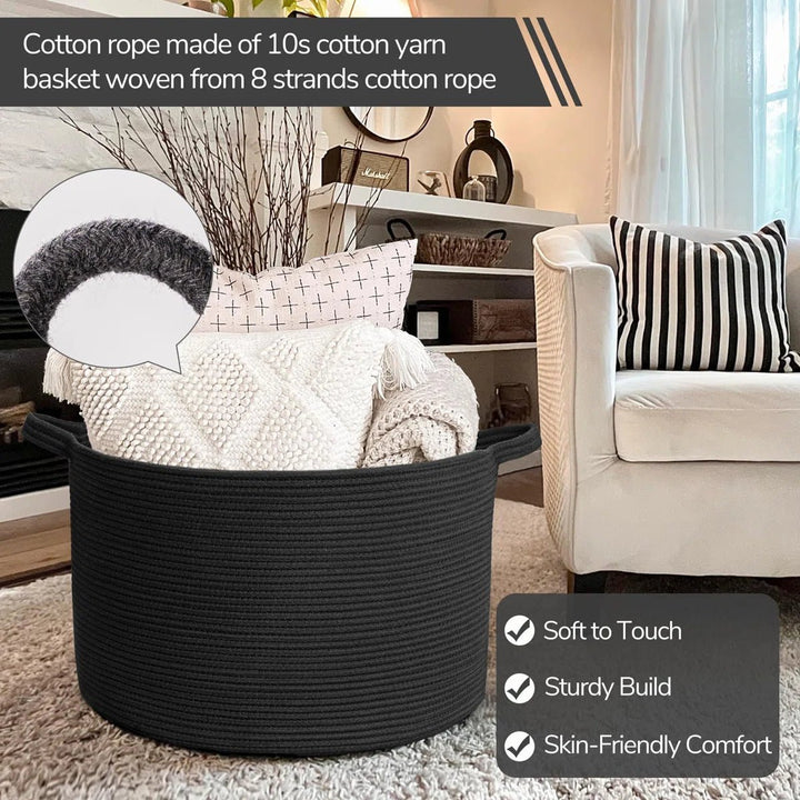 Large Laundry Basket, 21.7" x 21.7" x 13.8", Woven Toy Baskets for Storage, Rope Blanket Basket for Living Room, Black - Just Closeouts Canada Inc.