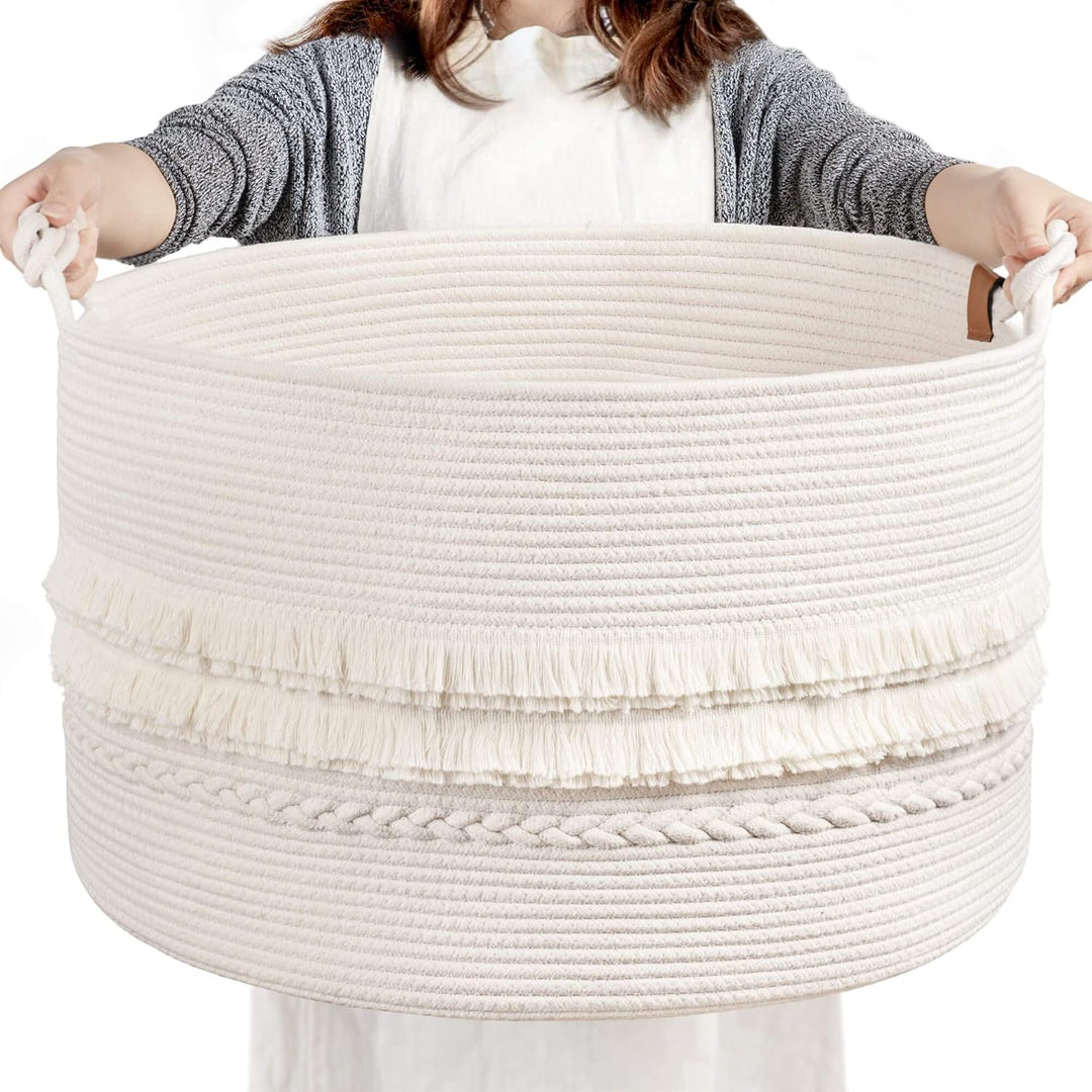 Large Rope Storage Basket, Decorative Blanket Basket for Home Decor, White Laundry Hampers for Clothes, Pillows, Storage Basket,22 x 14 inches - Just Closeouts Canada Inc.