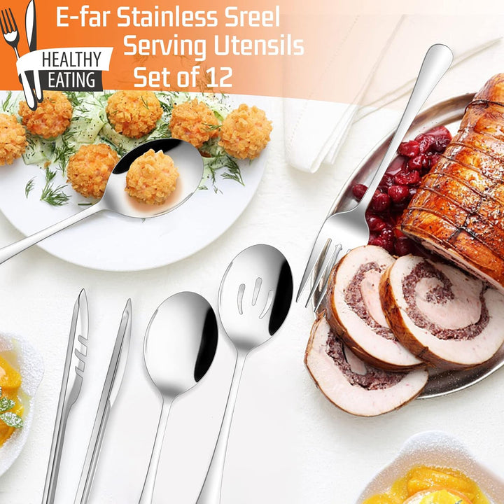 Large Serving Utensils Set of 12, E - far Stainless Steel 9.8 Inch Serving Spoons Slotted Spoon, 9.9 Inch Serving Fork, 9.4 Inch Serving Tong for Buffet Catering Banquet, Mirror Finish & Dishwasher Safe - Just Closeouts Canada Inc.