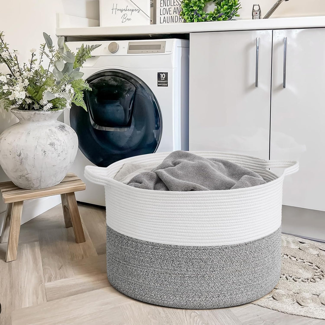 Large Storage Basket 21.7" x 13.8", Rope Laundry Basket for Pillows, Blanket Basket for Living Room, Toy Organizers and Storage with Handles for Kids, Clothes Hamper, 90L White & Grey - Just Closeouts Canada Inc.