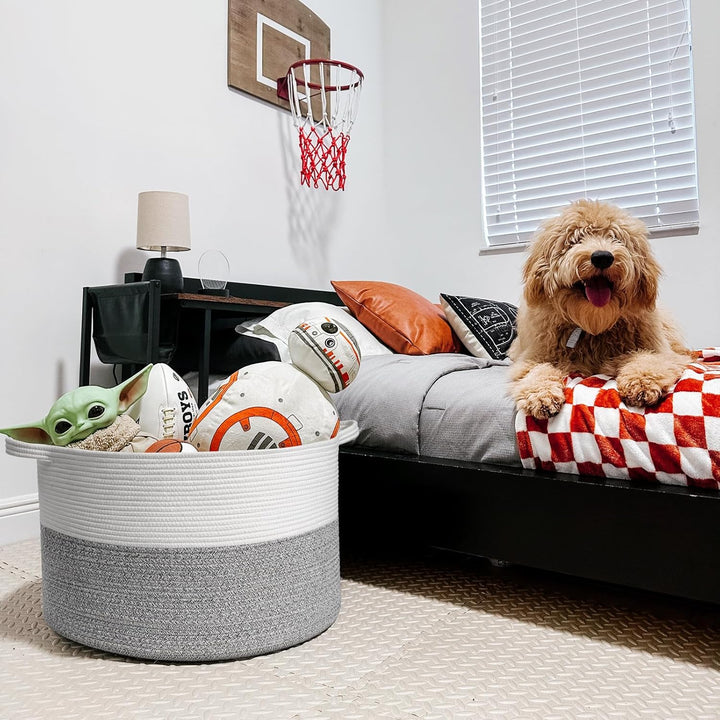 Large Storage Basket 21.7" x 13.8", Rope Laundry Basket for Pillows, Blanket Basket for Living Room, Toy Organizers and Storage with Handles for Kids, Clothes Hamper, 90L White & Grey - Just Closeouts Canada Inc.