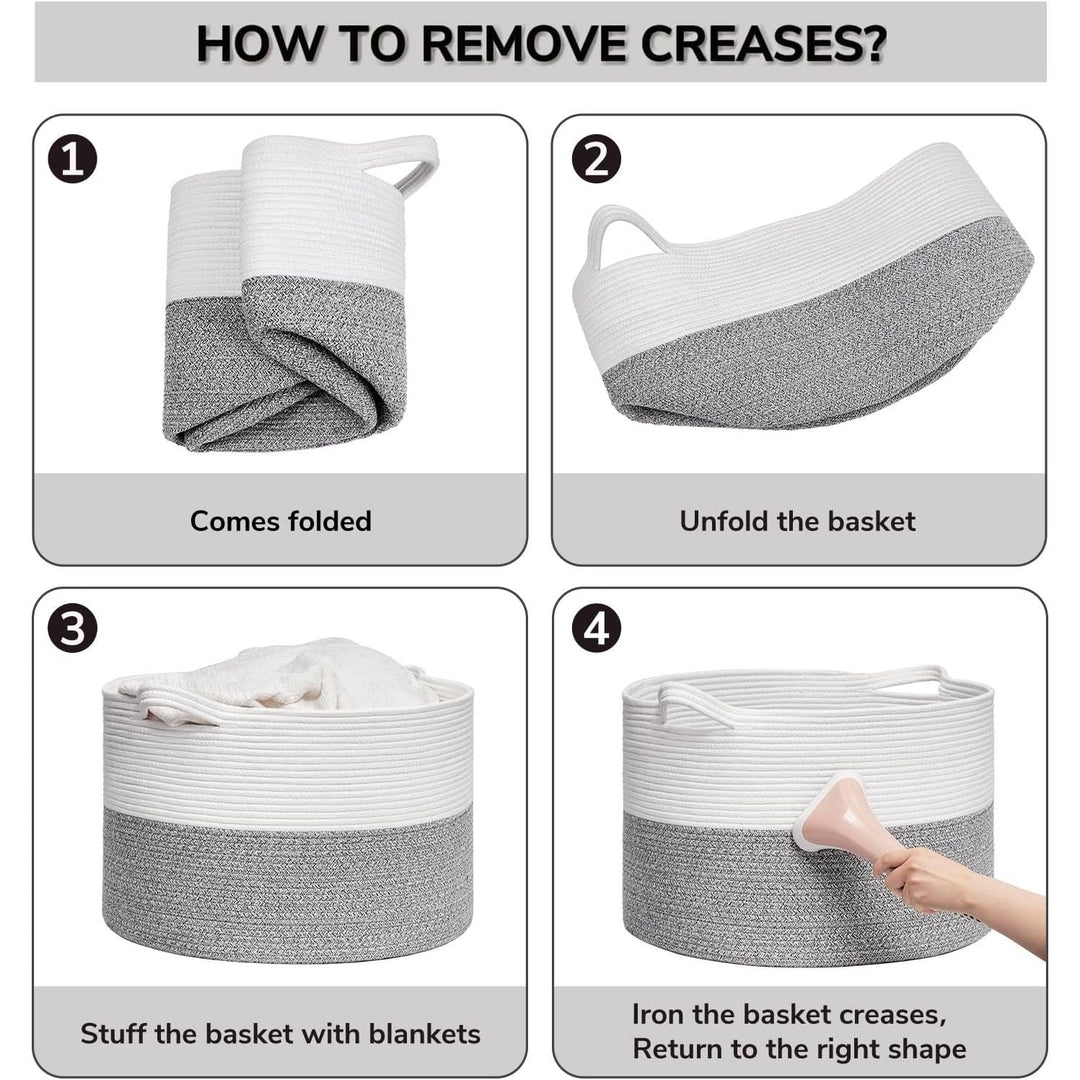 Large Storage Basket 21.7" x 13.8", Rope Laundry Basket for Pillows, Blanket Basket for Living Room, Toy Organizers and Storage with Handles for Kids, Clothes Hamper, 90L White & Grey - Just Closeouts Canada Inc.