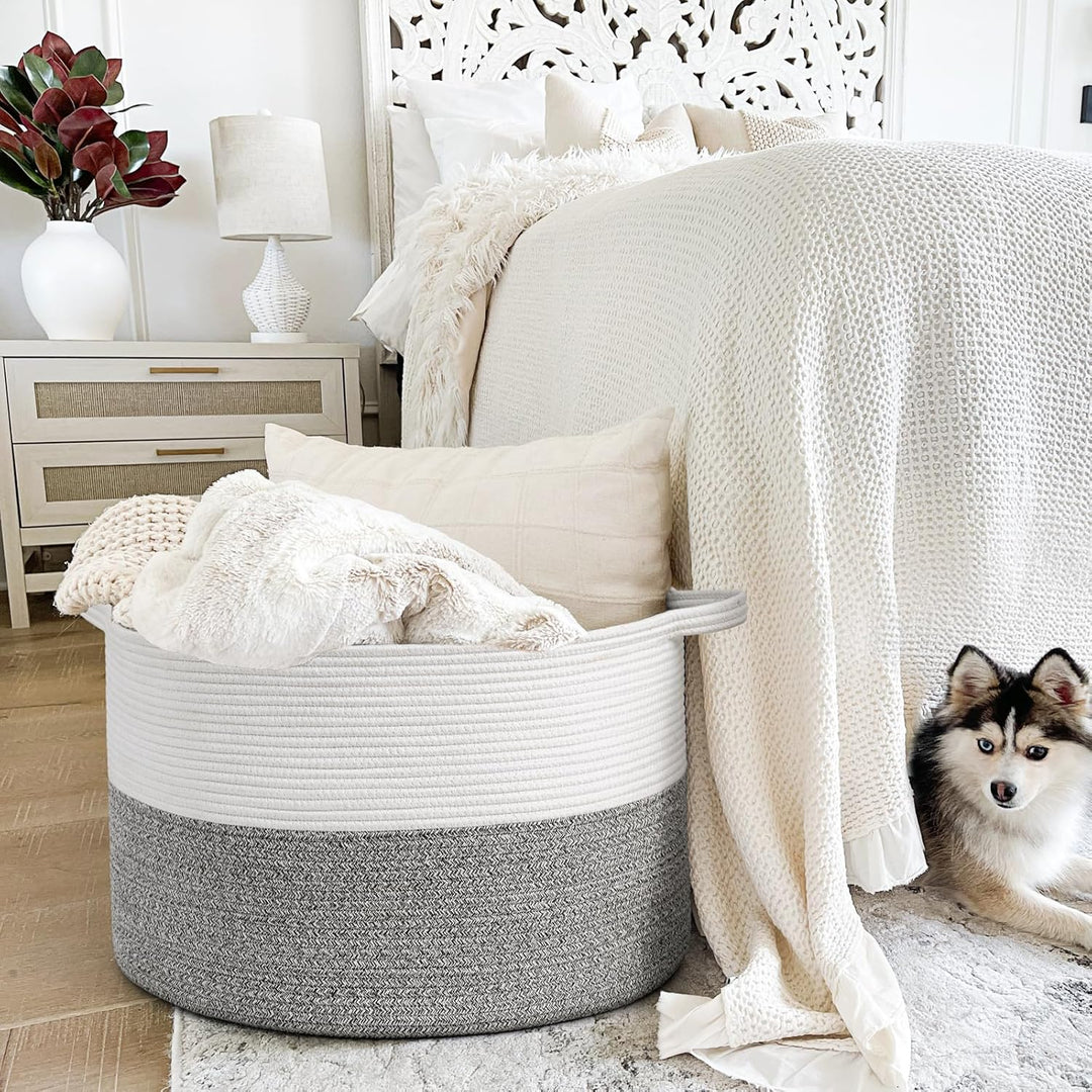 Large Storage Basket 21.7" x 13.8", Rope Laundry Basket for Pillows, Blanket Basket for Living Room, Toy Organizers and Storage with Handles for Kids, Clothes Hamper, 90L White & Grey - Just Closeouts Canada Inc.