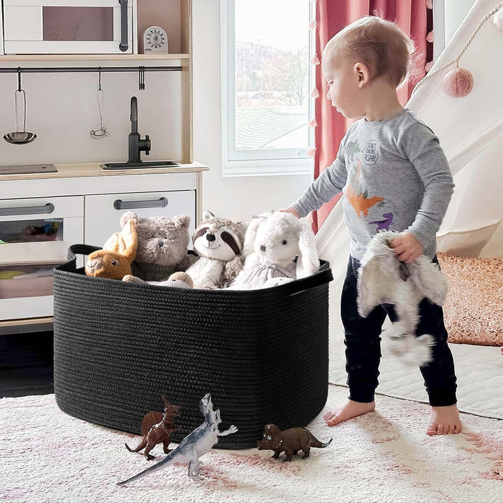 Large Storage Basket, Extra Large Cotton Rope Basket for Pillows, Rectangle Blanket Storage Living Room, Dirty Clothes Laundry Basket, 23.6" x 15.7" x 13.8", Black - Just Closeouts Canada Inc.