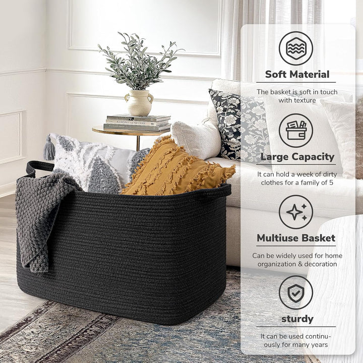Large Storage Basket, Extra Large Cotton Rope Basket for Pillows, Rectangle Blanket Storage Living Room, Dirty Clothes Laundry Basket, 23.6" x 15.7" x 13.8", Black - Just Closeouts Canada Inc.