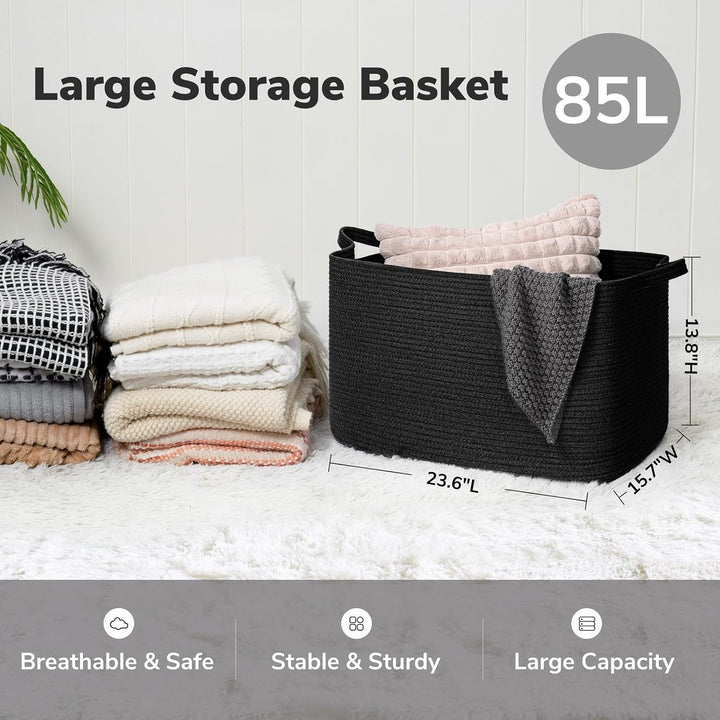 Large Storage Basket, Extra Large Cotton Rope Basket for Pillows, Rectangle Blanket Storage Living Room, Dirty Clothes Laundry Basket, 23.6" x 15.7" x 13.8", Black - Just Closeouts Canada Inc.