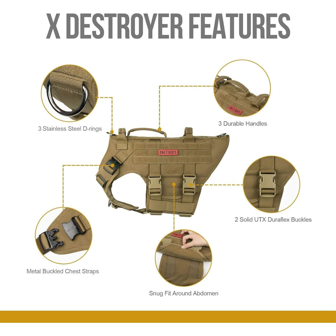Large Tactical Dog Harness, No Pulling Adjustable Dog Vest Harness, Heavy Duty Dog Harness with Handle, Large Hook and Loop Panels for Patch (Size: Large, Brown) - Just Closeouts Canada Inc.