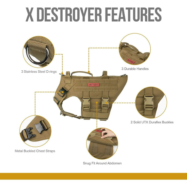 Large Tactical Dog Harness, No Pulling Adjustable Dog Vest Harness, Heavy Duty Dog Harness with Handle, Large Hook and Loop Panels for Patch (Size: Large, Brown) - Just Closeouts Canada Inc.