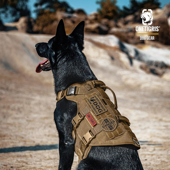 Large Tactical Dog Harness, No Pulling Adjustable Dog Vest Harness, Heavy Duty Dog Harness with Handle, Large Hook and Loop Panels for Patch (Size: Large, Brown) - Just Closeouts Canada Inc.