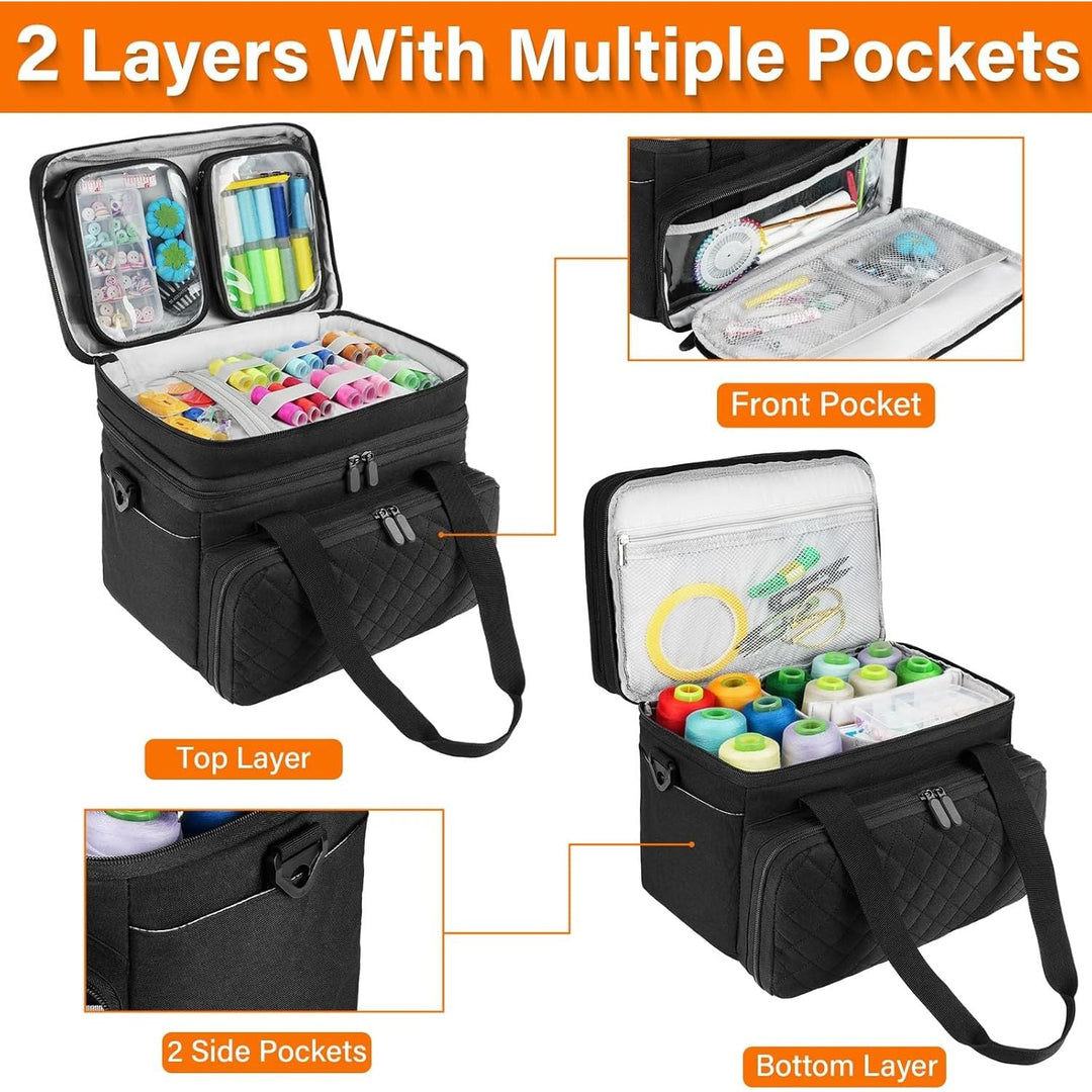 Large Travel Sewing Case Box, Double Layer Sewing Organizer Bag with Shoulder Strap & 2 Detachable Pouches, Portable Sewing Accessories Storage, Black - Just Closeouts Canada Inc.X004LK9HH3