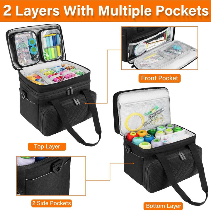 Large Travel Sewing Case Box, Double Layer Sewing Organizer Bag with Shoulder Strap & 2 Detachable Pouches, Portable Sewing Accessories Storage, Black - Just Closeouts Canada Inc.X004LK9HH3